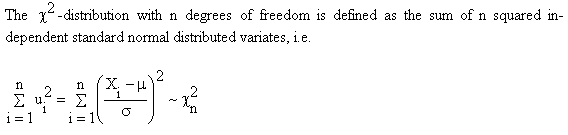 The Chi-square distribution with n degrees of freedom is defined as the sum of n squared in-dependent standard normal distributed variates